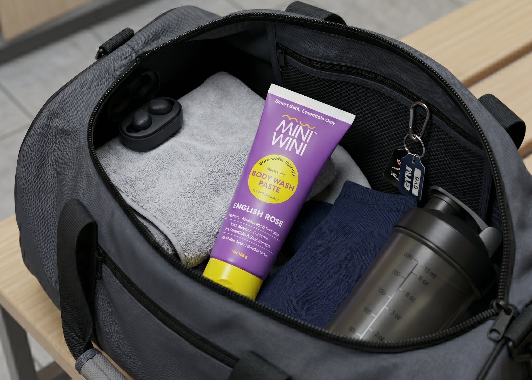 A GYM BAG WITH PROTEIN SHAKE AND BODYWASH PASTE